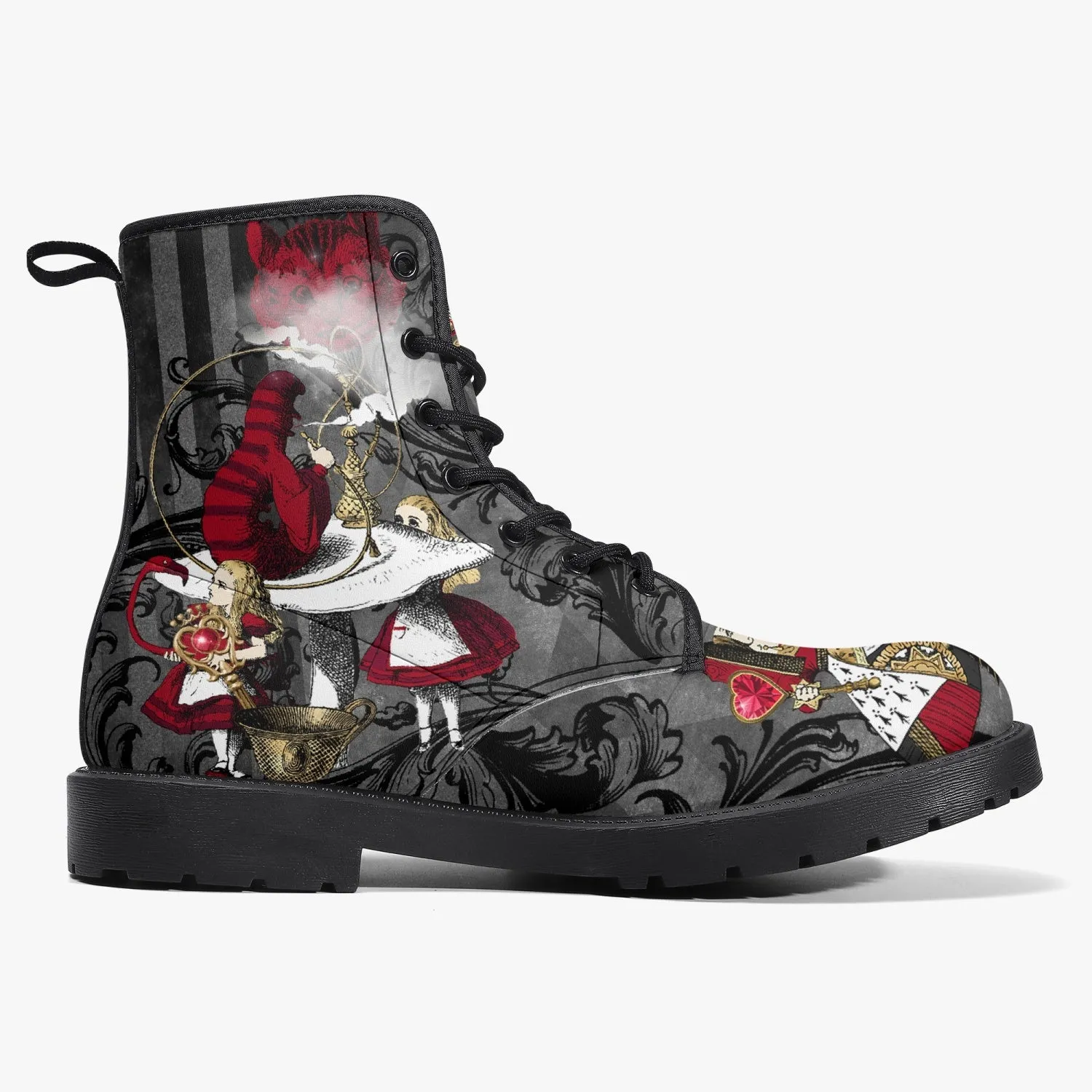 Alice in Wonderland Gothic Red and Gold Black Vegan Leather Combat Boots - Through the Looking Glass Gothic Boots (JPREG83)