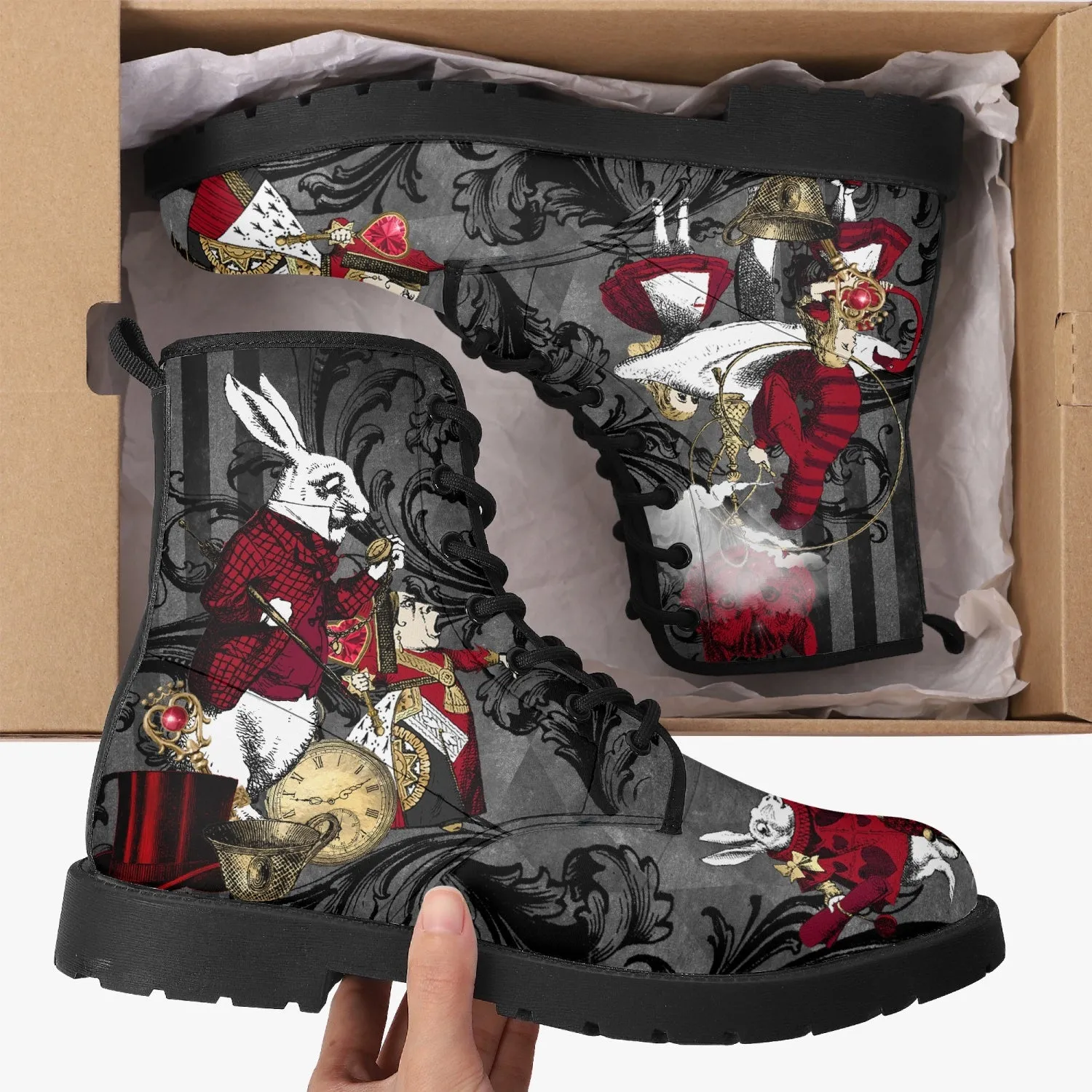 Alice in Wonderland Gothic Red and Gold Black Vegan Leather Combat Boots - Through the Looking Glass Gothic Boots (JPREG83)