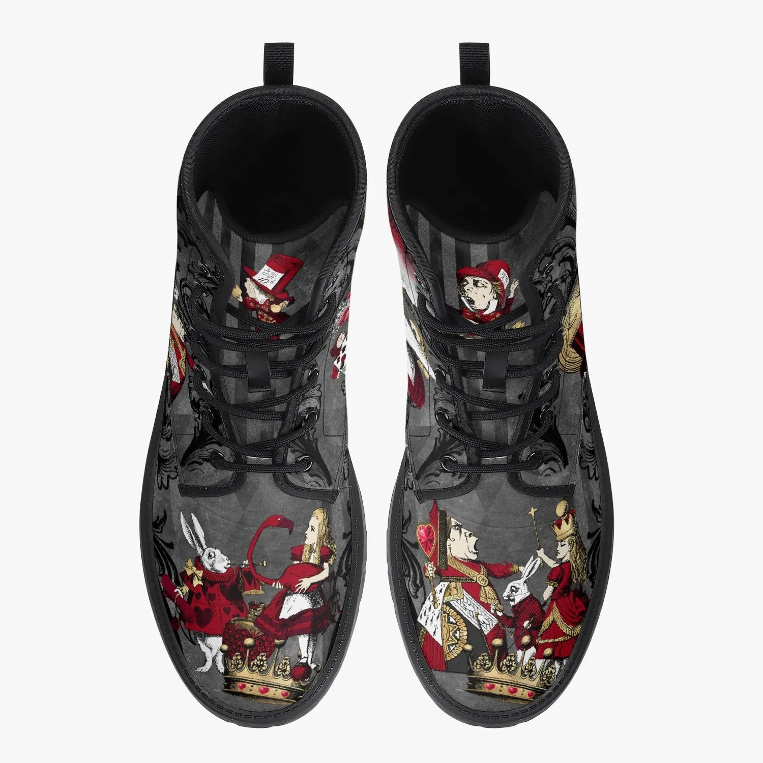 Alice in Wonderland Gothic Red and Gold Black Vegan Leather Combat Boots - Through the Looking Glass Gothic Boots (JPREG83)