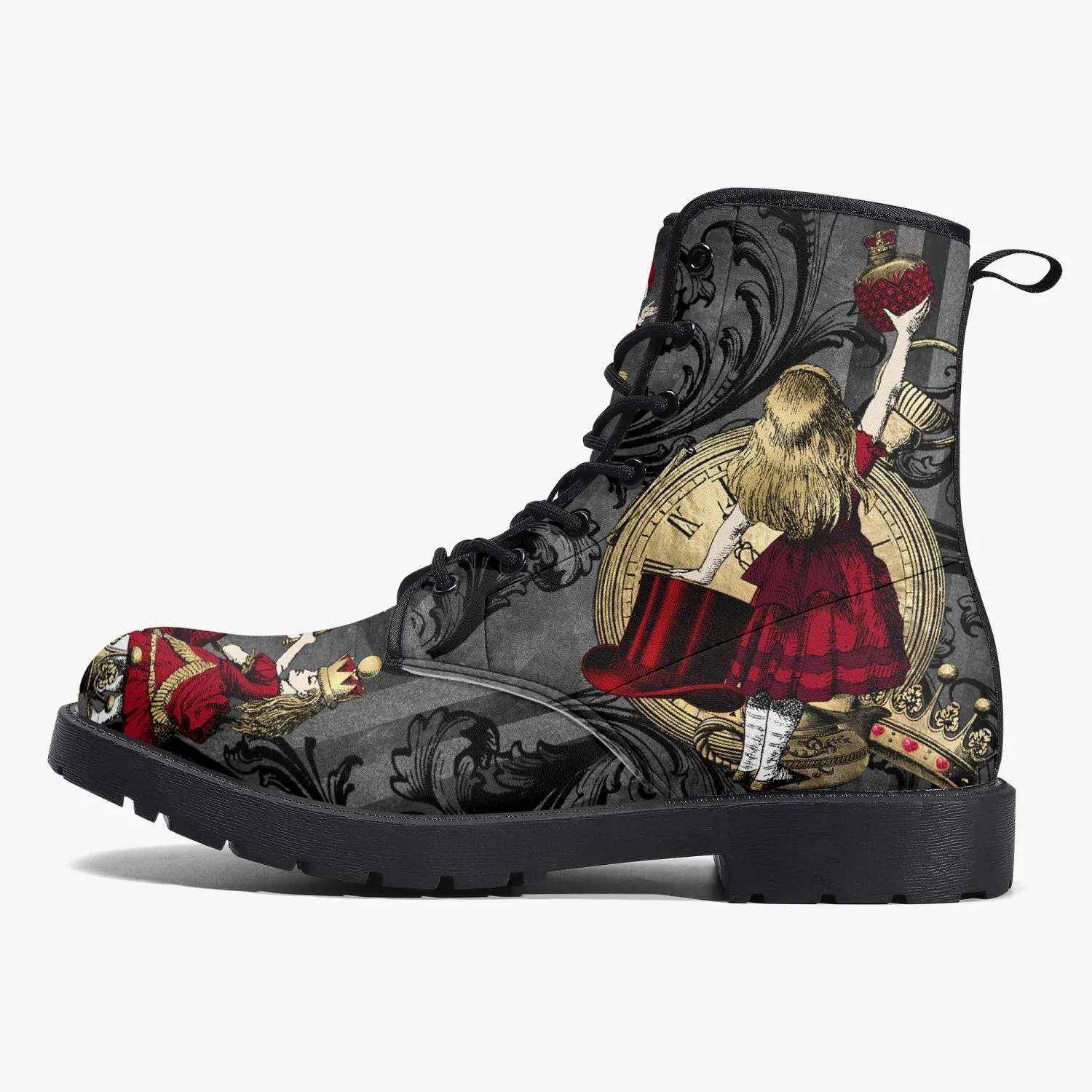 Alice in Wonderland Gothic Red and Gold Black Vegan Leather Combat Boots - Through the Looking Glass Gothic Boots (JPREG83)
