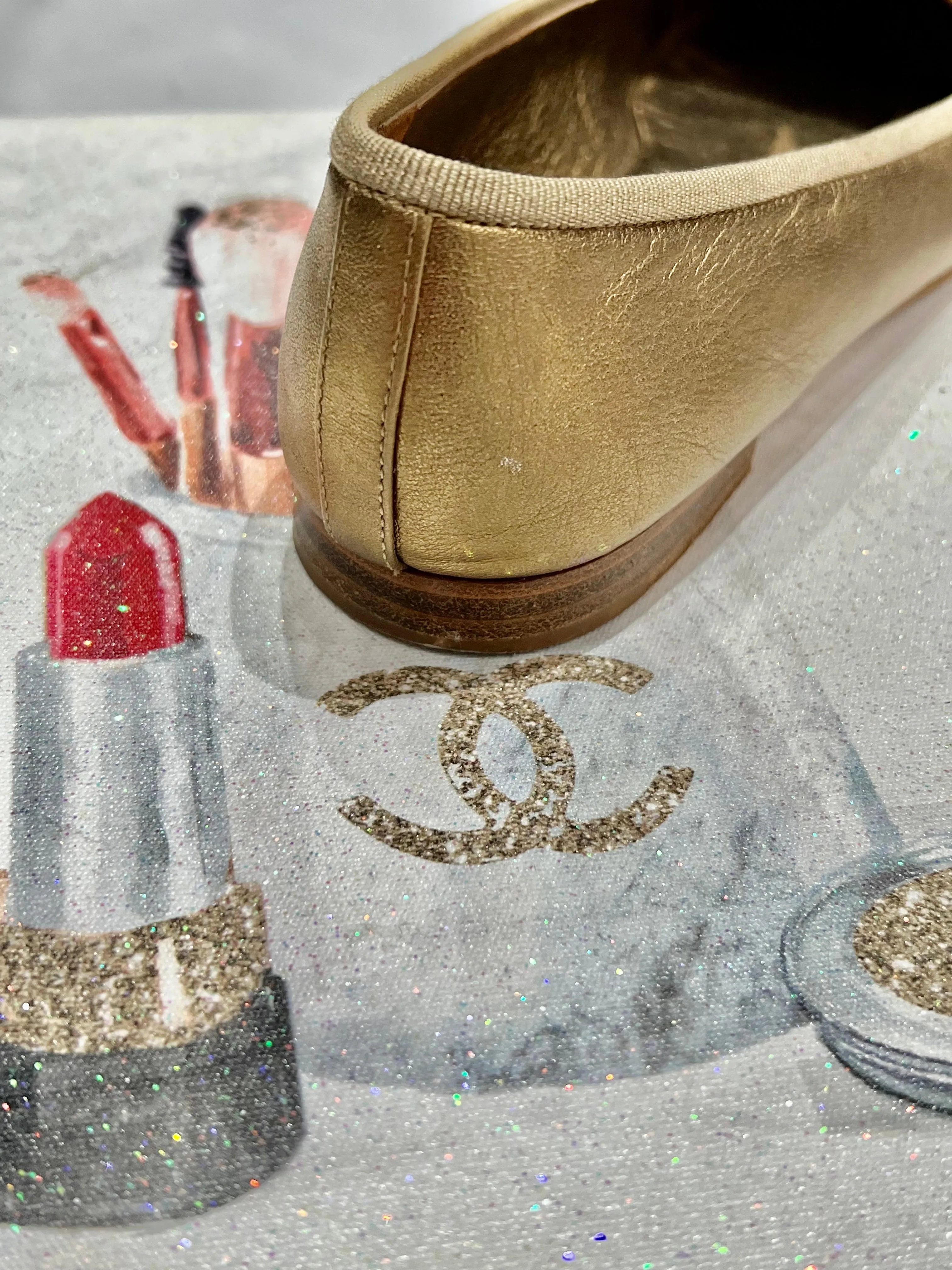 CHANEL CC METALLIC CAMBON LEATHER BALLET FLATS