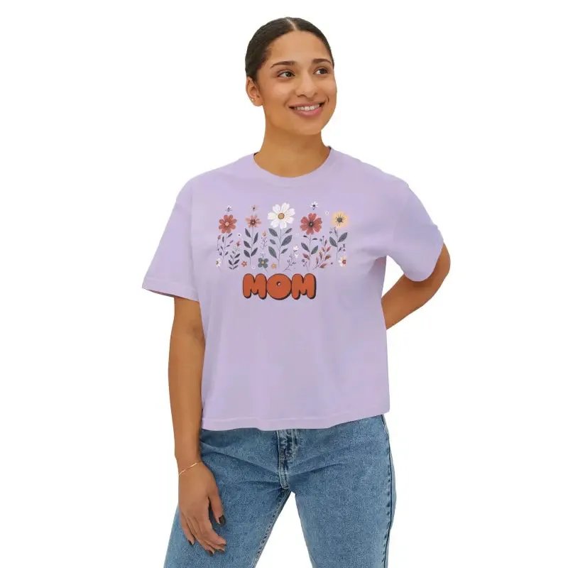 Chic Boxy Fit Womens Tee Flowers Sewn in Twill
