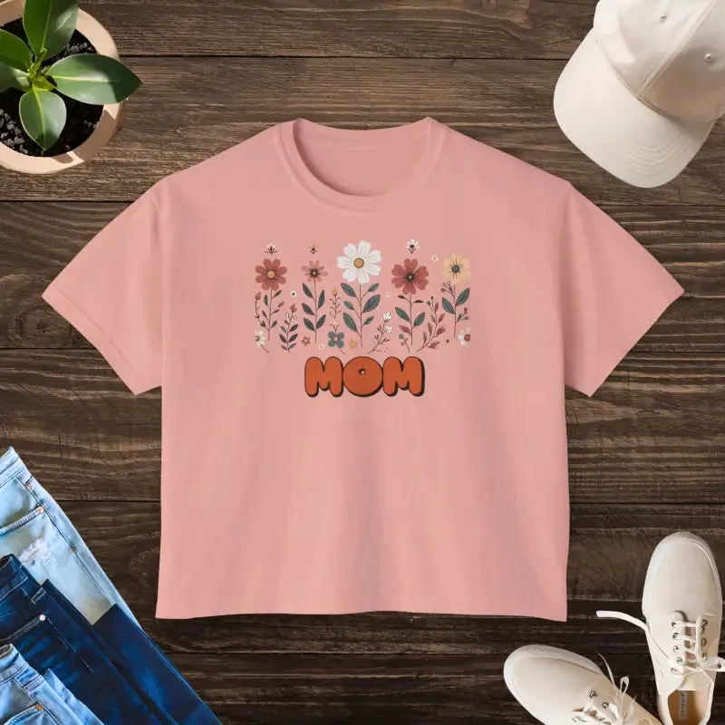 Chic Boxy Fit Womens Tee Flowers Sewn in Twill