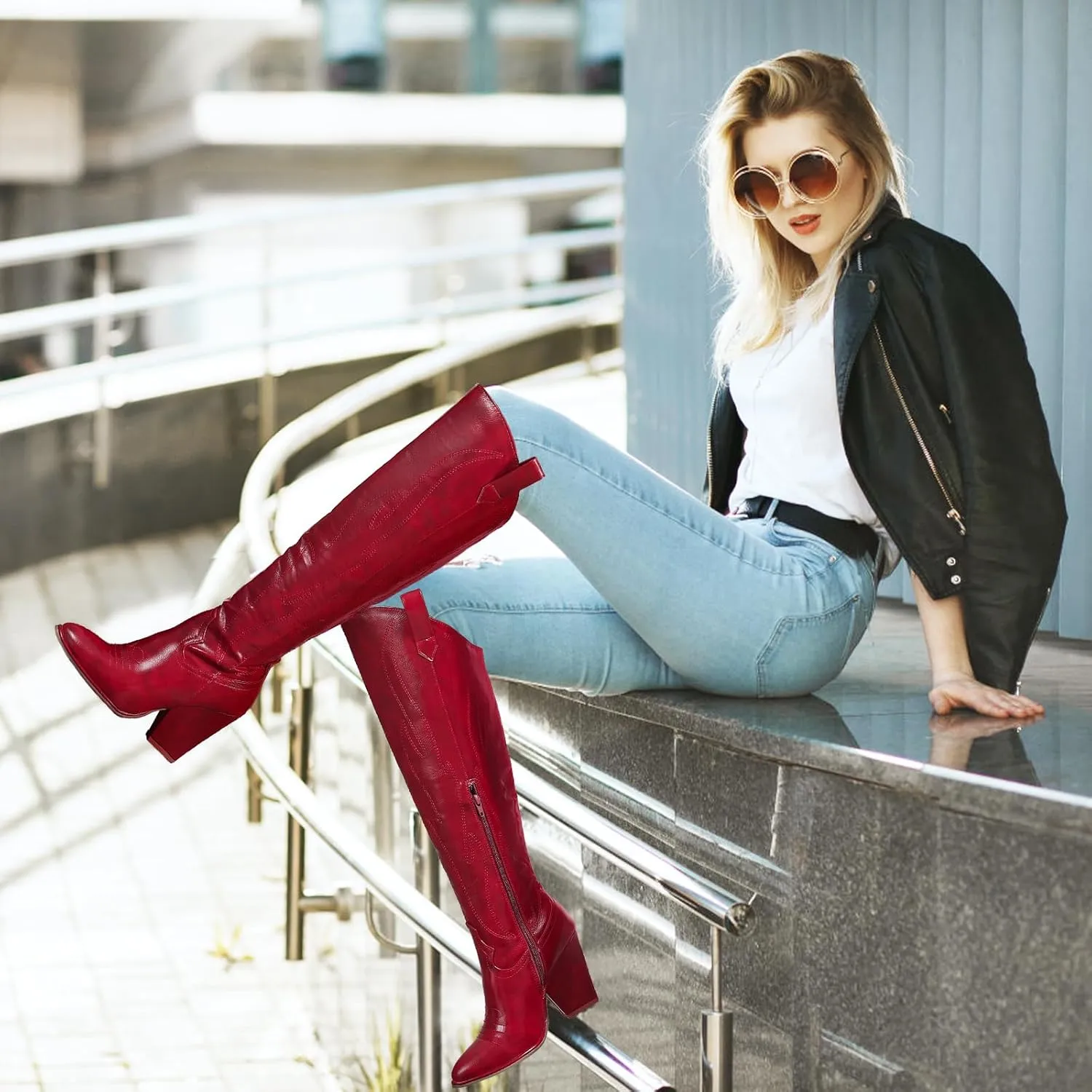 Cowboy Boots for Women Knee High Western Cowgirl Boots Chunky Heel Pointed Toe Side Zipper Tall Boot for Women Ladies