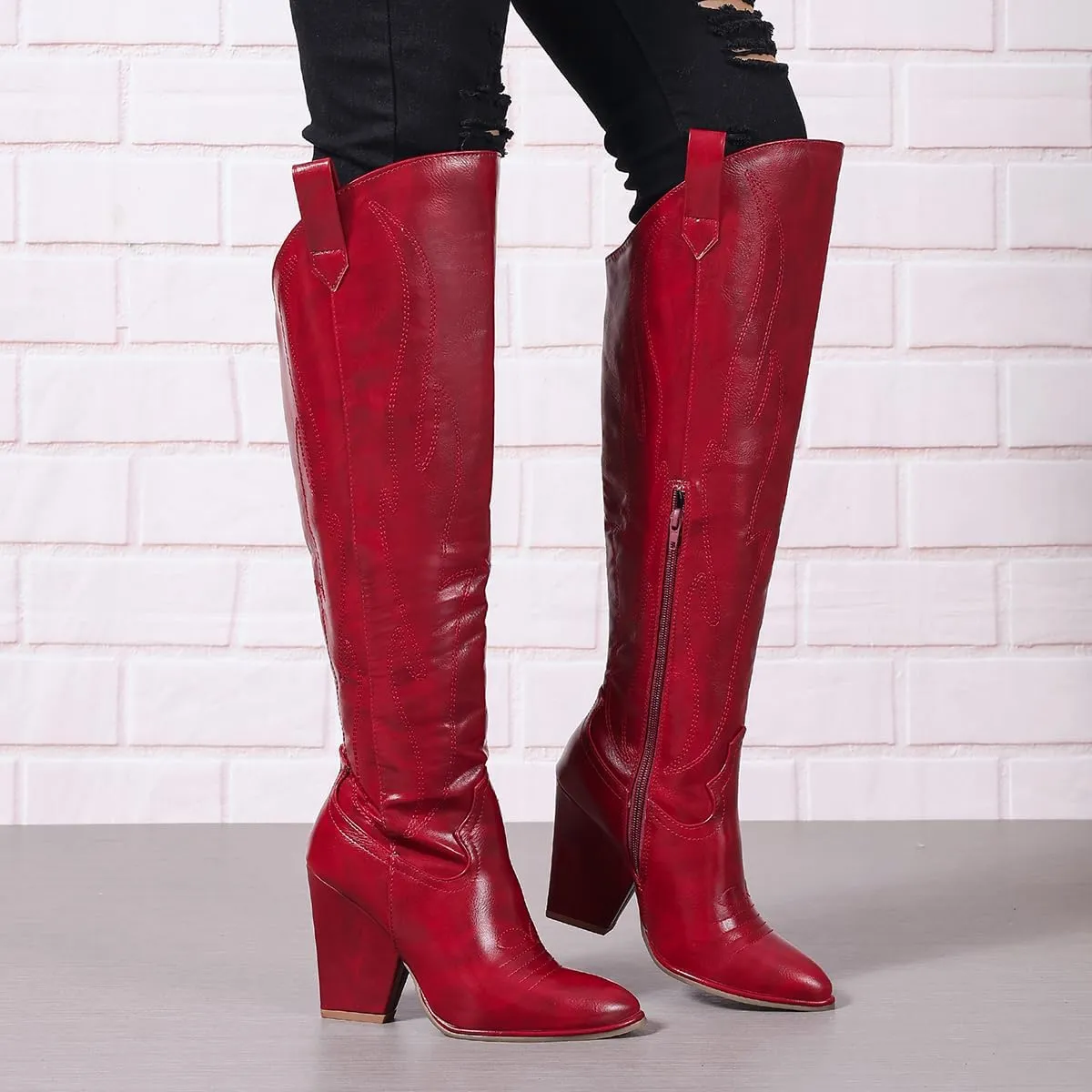 Cowboy Boots for Women Knee High Western Cowgirl Boots Chunky Heel Pointed Toe Side Zipper Tall Boot for Women Ladies