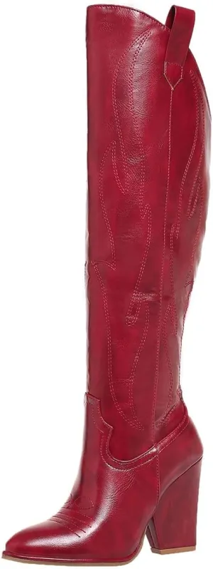 Cowboy Boots for Women Knee High Western Cowgirl Boots Chunky Heel Pointed Toe Side Zipper Tall Boot for Women Ladies