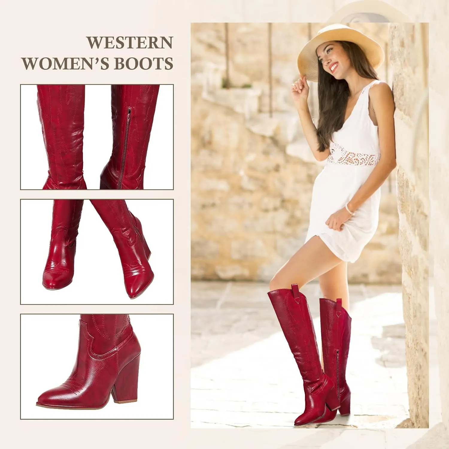Cowboy Boots for Women Knee High Western Cowgirl Boots Chunky Heel Pointed Toe Side Zipper Tall Boot for Women Ladies