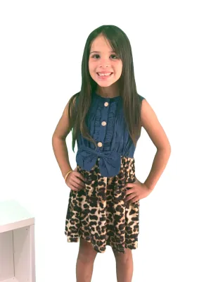 Girls Leopard & Denim Dress