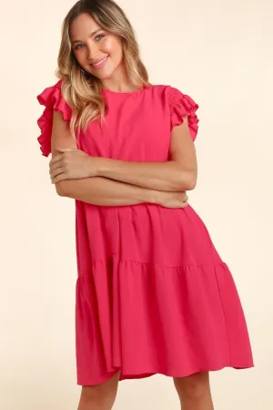Haptics Full Size Smocking Ruffle Short Sleeve Dress with Pockets**
