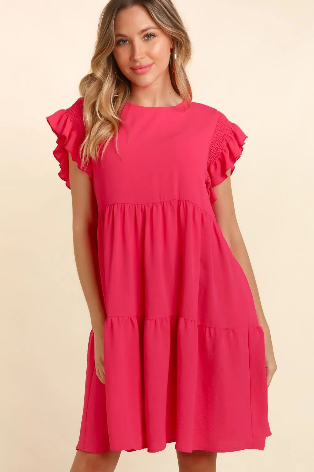 Haptics Full Size Smocking Ruffle Short Sleeve Dress with Pockets**