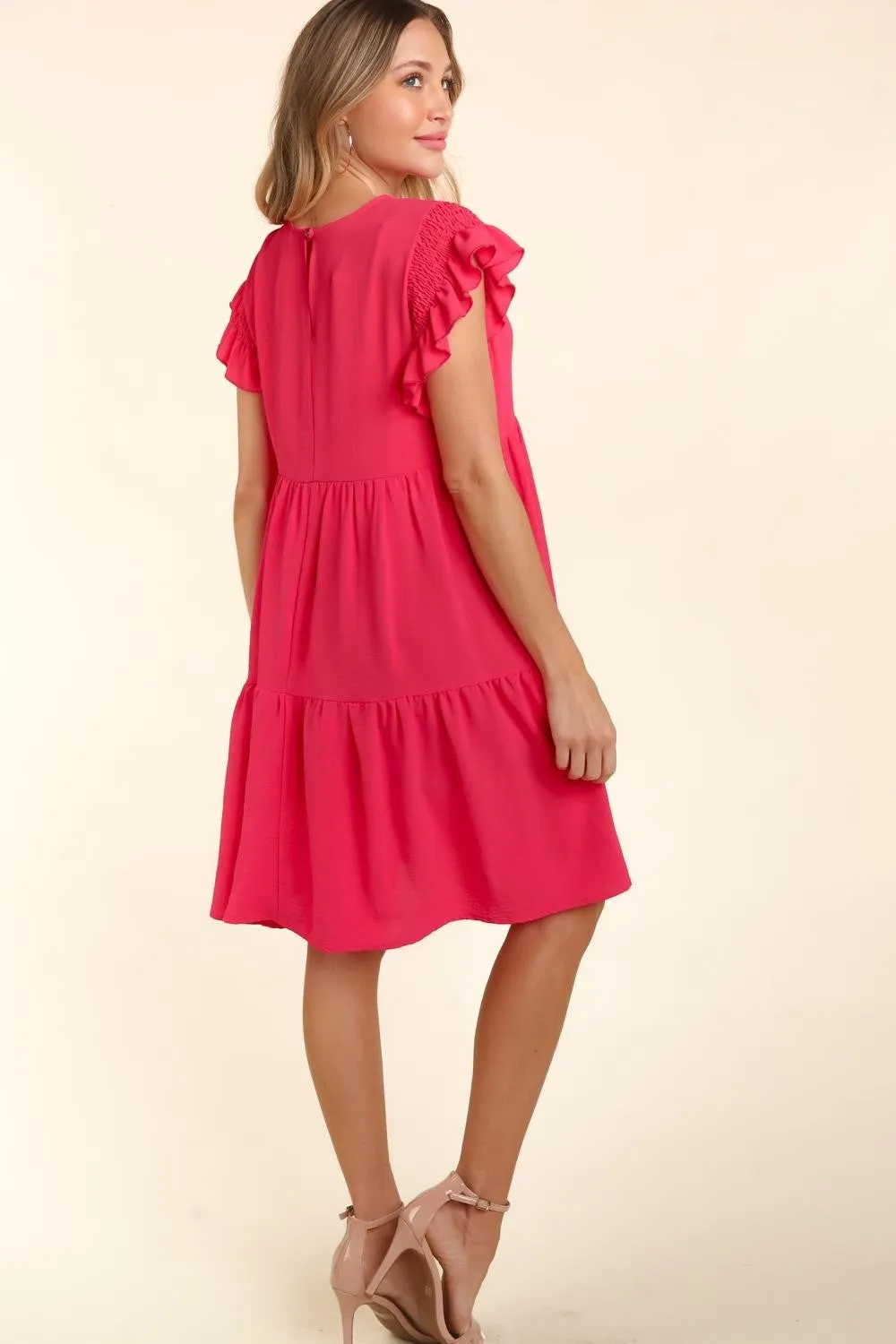 Haptics Full Size Smocking Ruffle Short Sleeve Dress with Pockets**