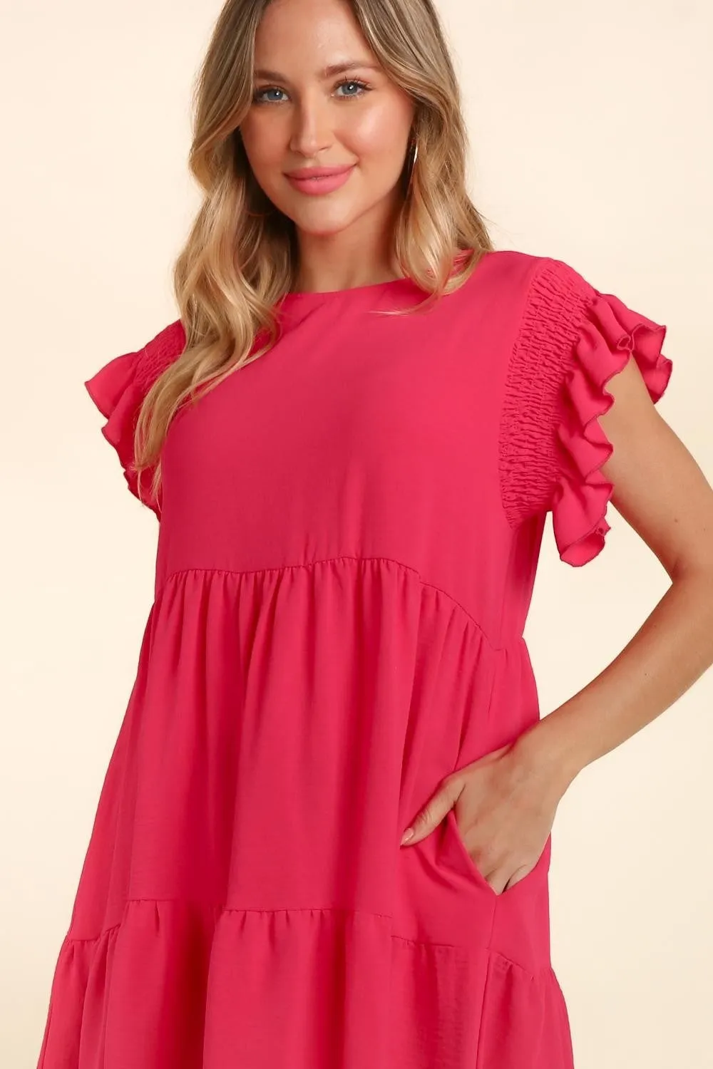 Haptics Full Size Smocking Ruffle Short Sleeve Dress with Pockets**