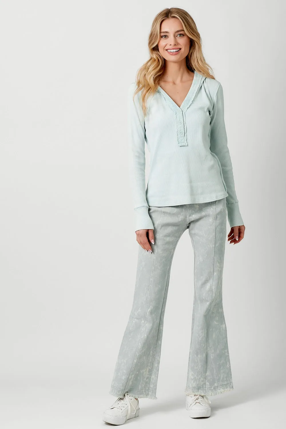 Hooded Thermal Spring Top Raw Hem Long Sleeve Shirt, Washed Ice Blue