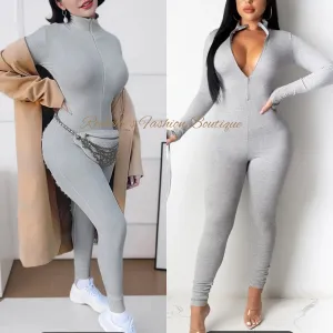 Lite Grey Turtleneck Zipper Jumpsuit