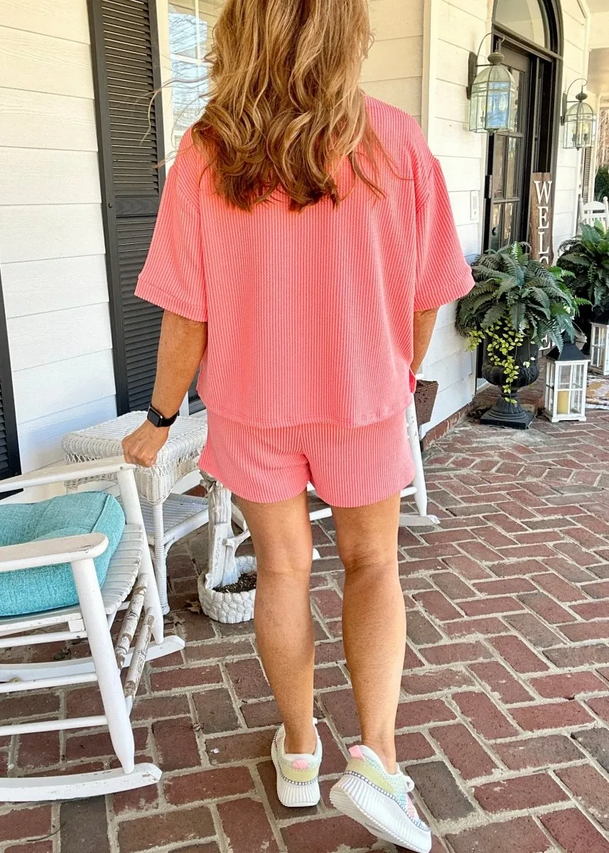 Mindy Ribbed Short Set - Coral | Zenana