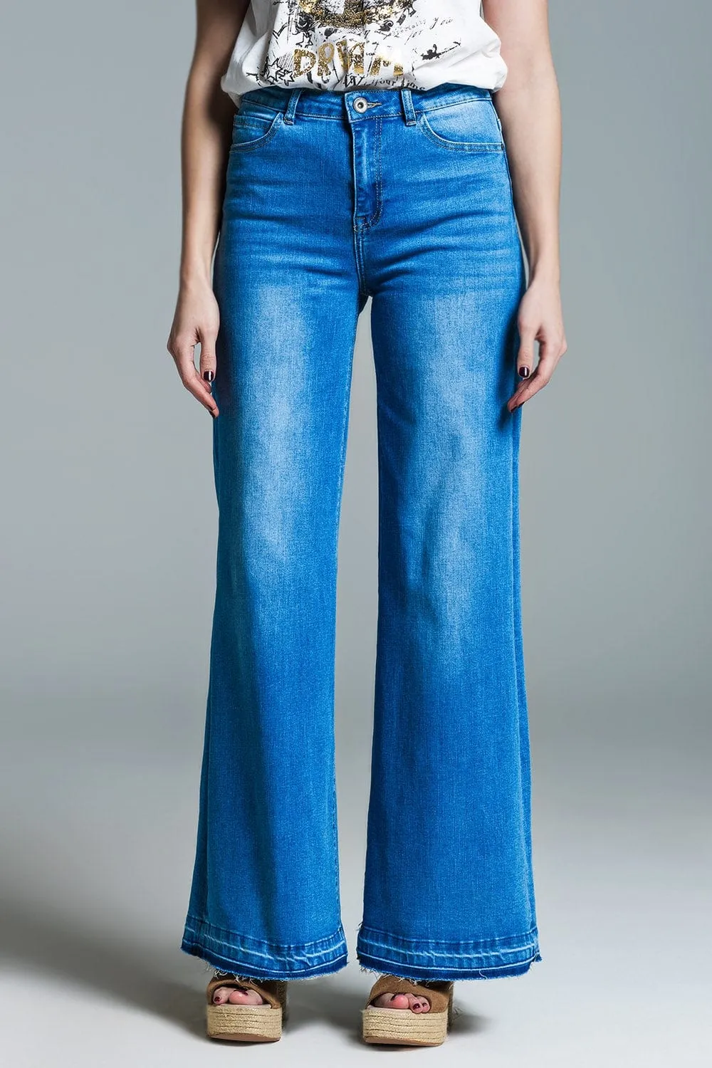 Palazzo Style Jeans In Mid Wash With Double Stitching Detail At The Hem