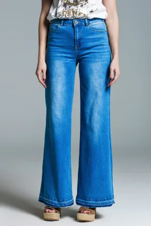 Palazzo Style Jeans In Mid Wash With Double Stitching Detail At The Hem