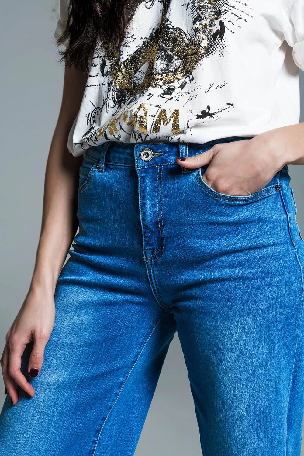 Palazzo Style Jeans In Mid Wash With Double Stitching Detail At The Hem