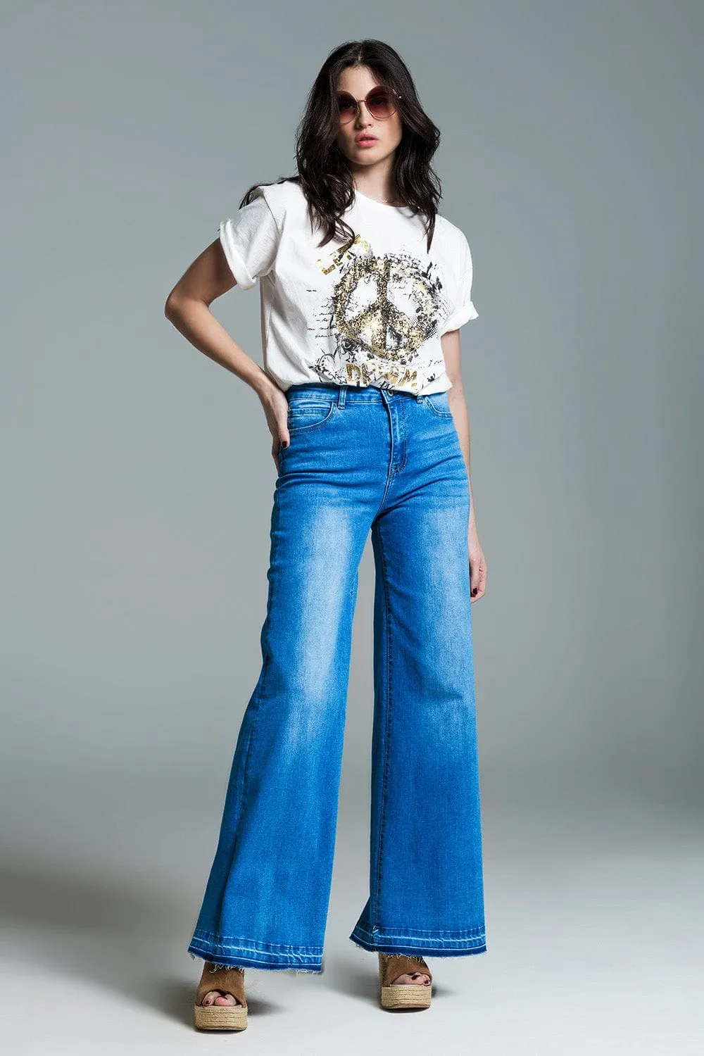 Palazzo Style Jeans In Mid Wash With Double Stitching Detail At The Hem