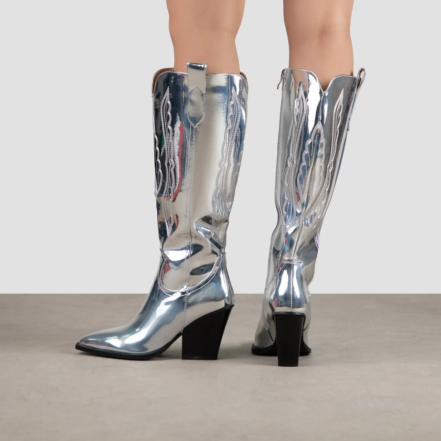 RAID Oshaa Knee High Western Boots in Silver