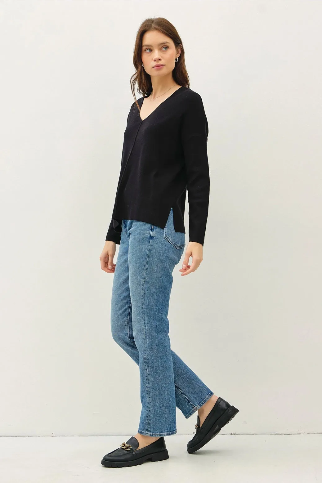 Relaxed V-Neck Sweater with Center Seam Black