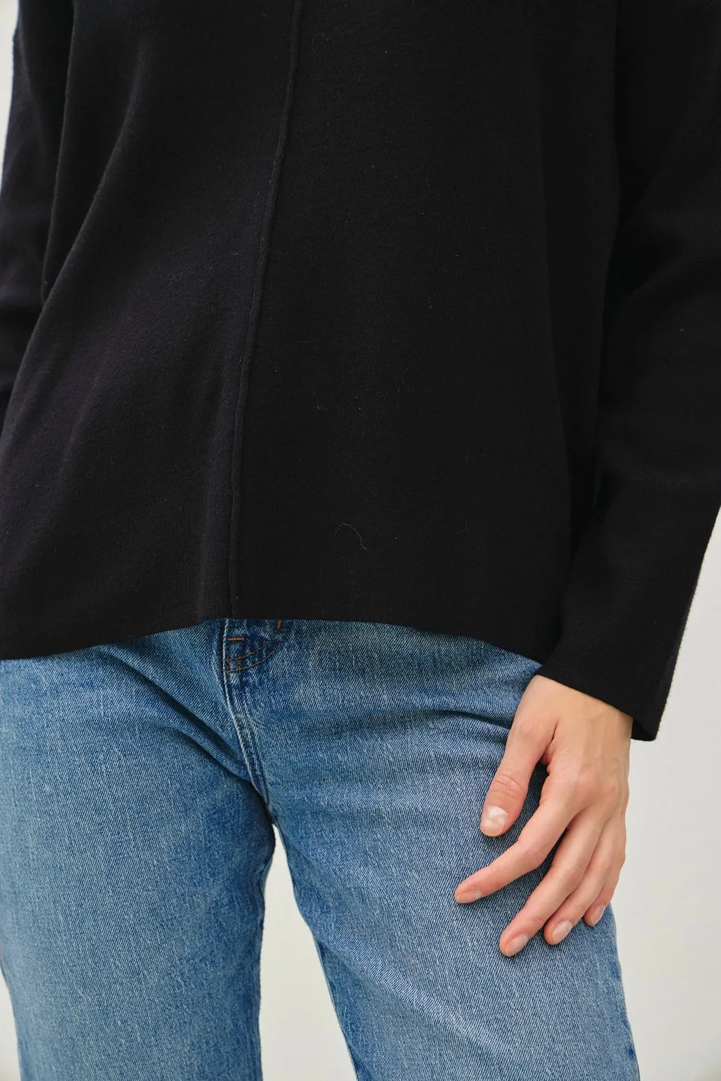Relaxed V-Neck Sweater with Center Seam Black