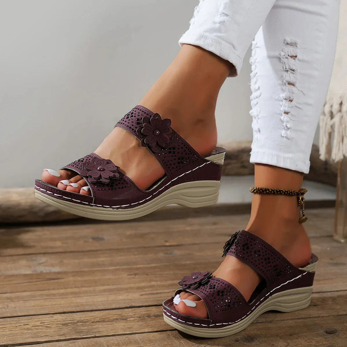 Sara | Blossom Wedge Sandals