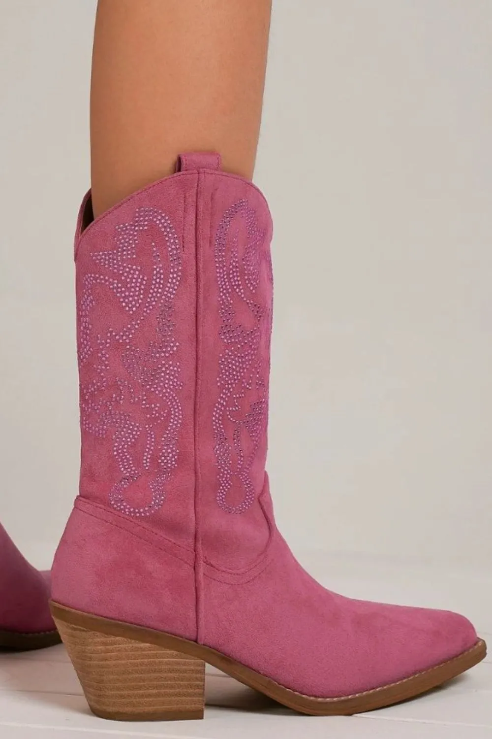 Vegan Suede Rhinestone Cowgirl Boots in Cerise