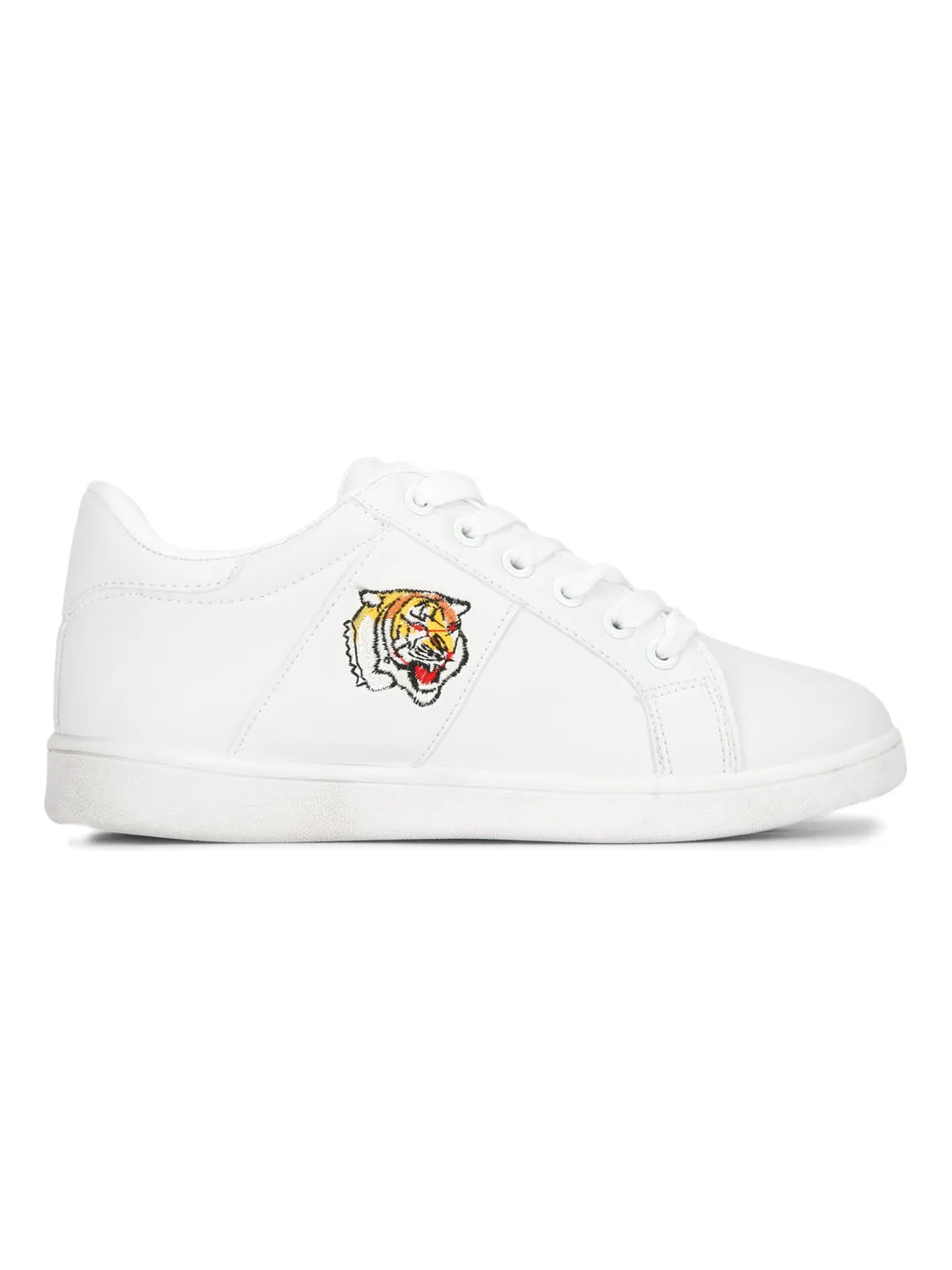 White PU Tiger Detail Lace-Up Sneakers