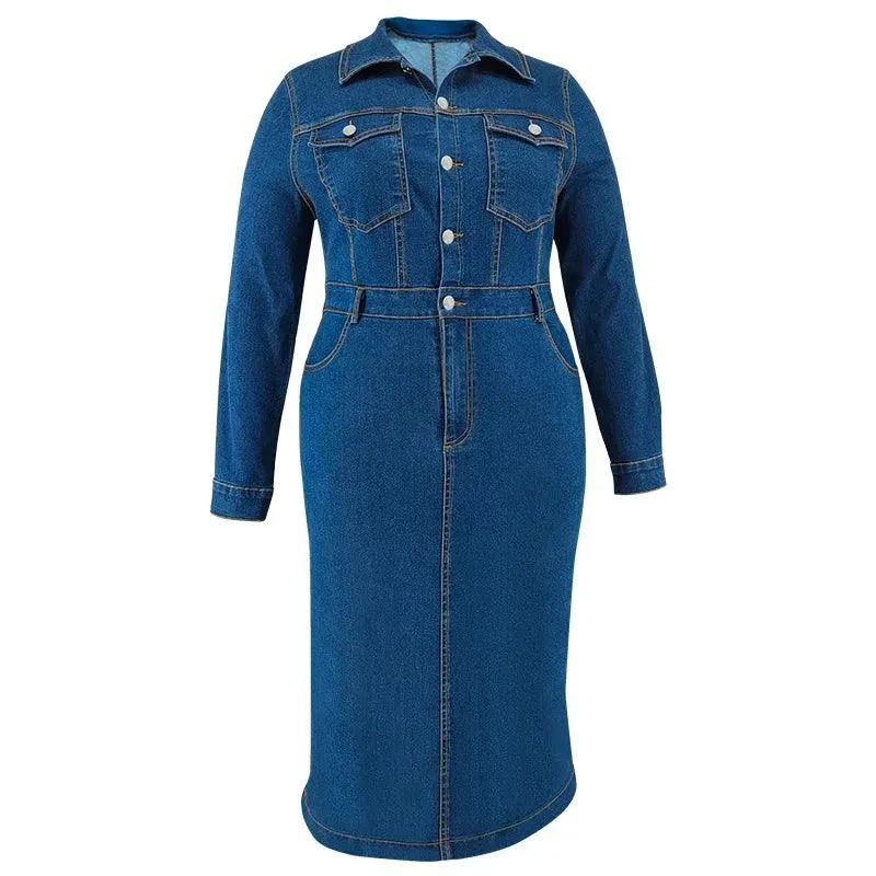 Winter Plus Size Button-Up Denim Dress – Long Sleeve Curvy Midi Jean Dress