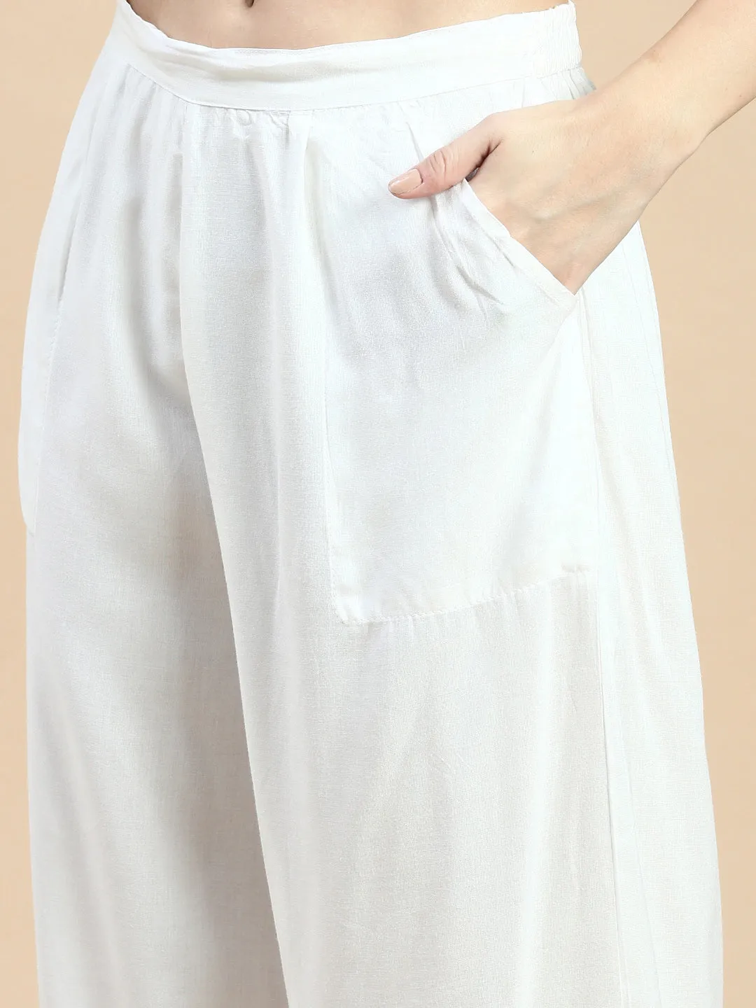 Women Solid Cream Straight Kurta Set with Dupatta