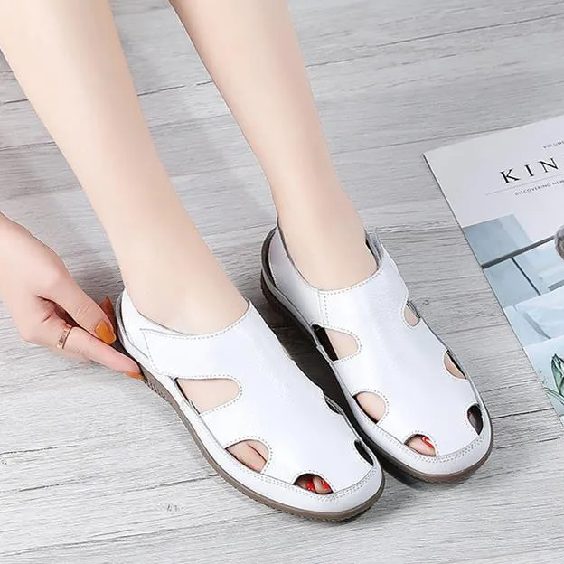 Women's closed toe hollow loafers sandals comfy walking magic tape sandals