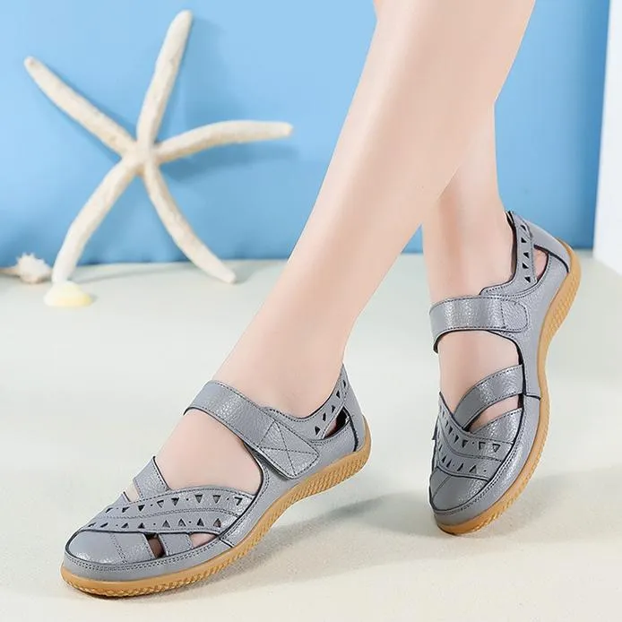 Women's closed toe hollow magic tape sandals flat comfy walking loafers shoes