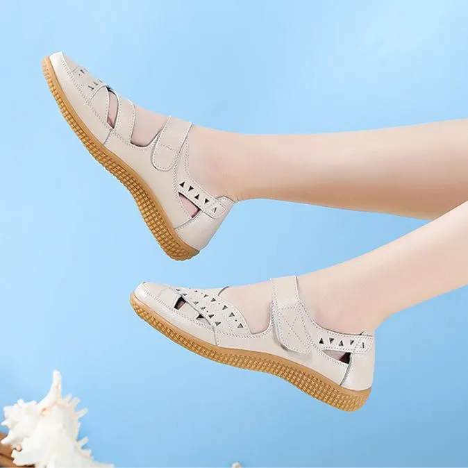 Women's closed toe hollow magic tape sandals flat comfy walking loafers shoes