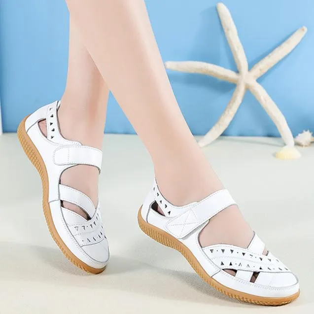 Women's closed toe hollow magic tape sandals flat comfy walking loafers shoes