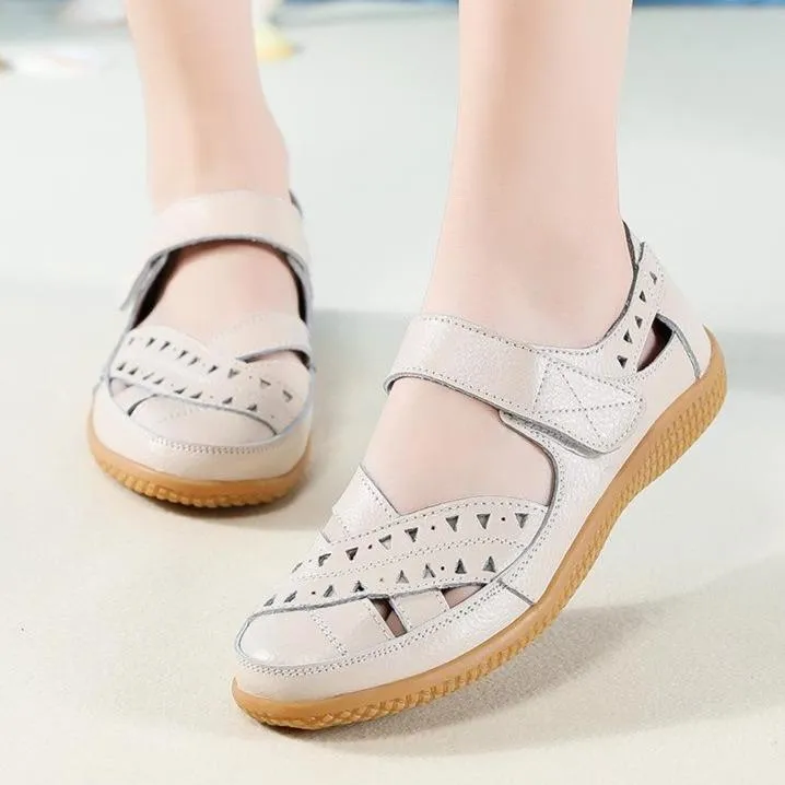 Women's closed toe hollow magic tape sandals flat comfy walking loafers shoes