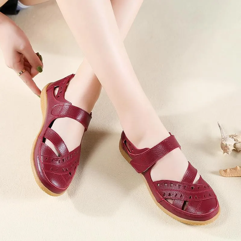Women's closed toe hollow magic tape sandals flat comfy walking loafers shoes