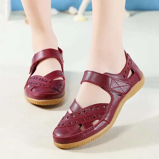 Women's closed toe hollow magic tape sandals flat comfy walking loafers shoes