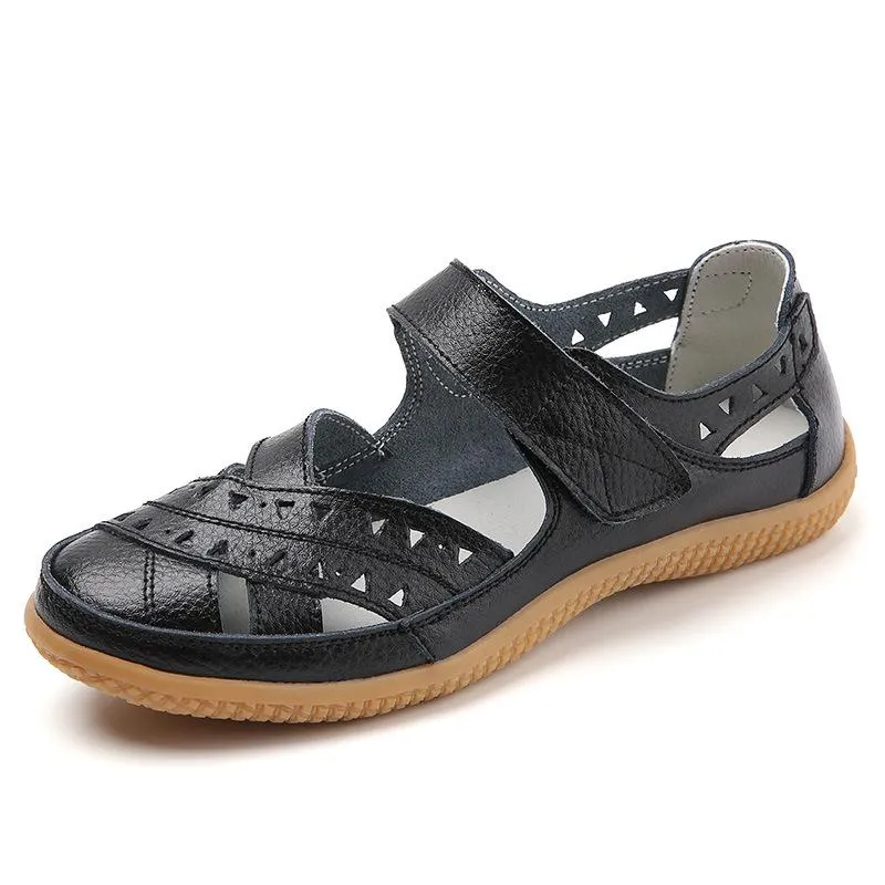 Women's closed toe hollow magic tape sandals flat comfy walking loafers shoes