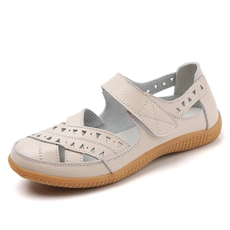 Women's closed toe hollow magic tape sandals flat comfy walking loafers shoes