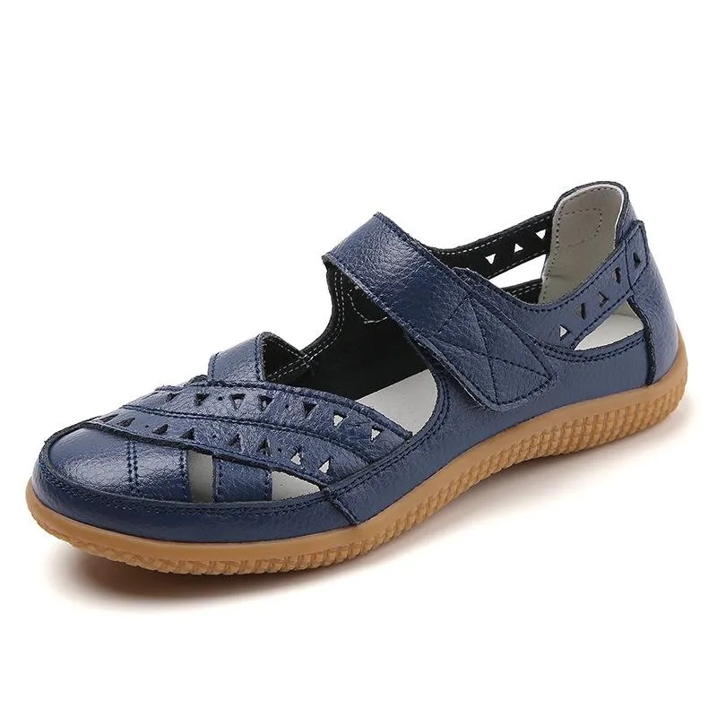 Women's closed toe hollow magic tape sandals flat comfy walking loafers shoes