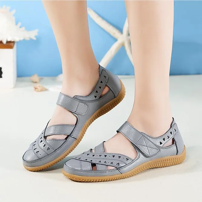 Women's closed toe hollow magic tape sandals flat comfy walking loafers shoes