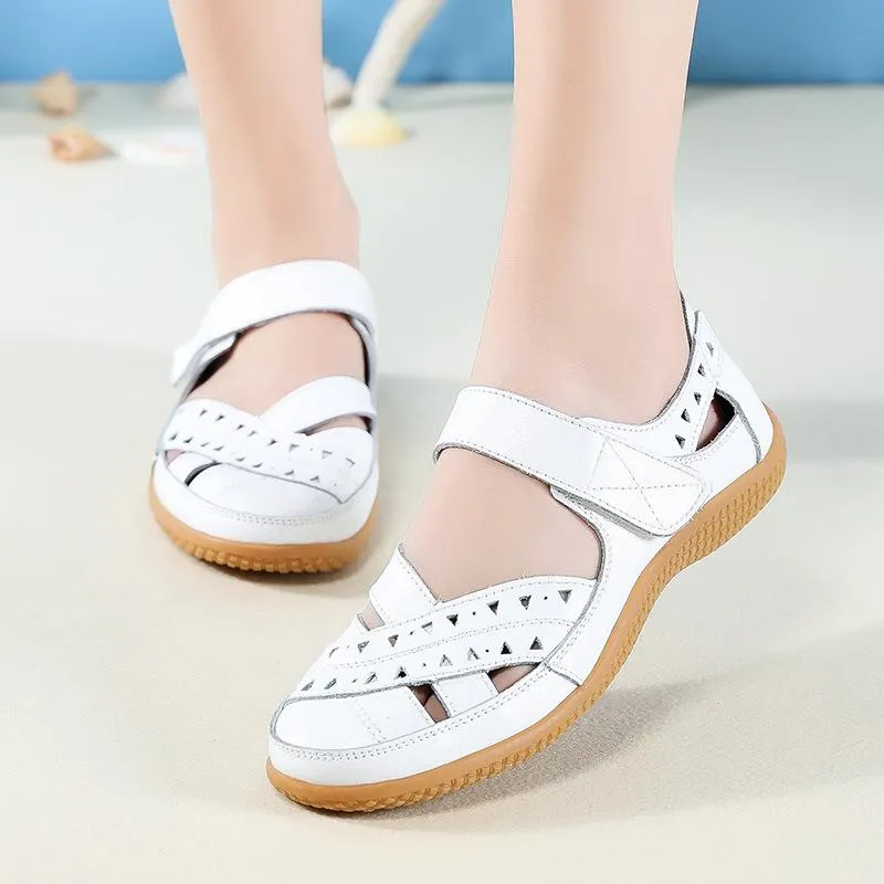 Women's closed toe hollow magic tape sandals flat comfy walking loafers shoes