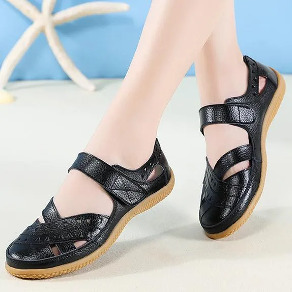 Women's closed toe hollow magic tape sandals flat comfy walking loafers shoes
