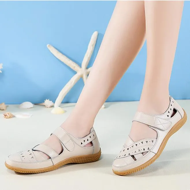 Women's closed toe hollow magic tape sandals flat comfy walking loafers shoes