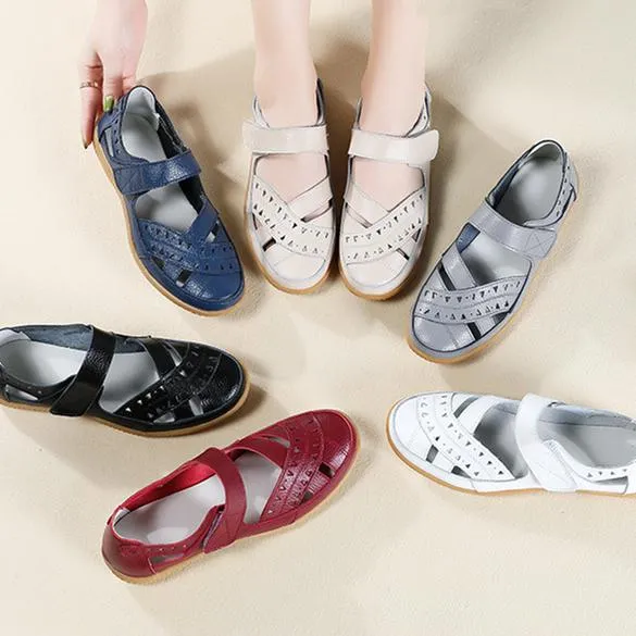 Women's closed toe hollow magic tape sandals flat comfy walking loafers shoes
