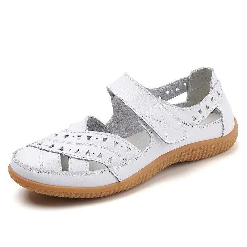 Women's closed toe hollow magic tape sandals flat comfy walking loafers shoes