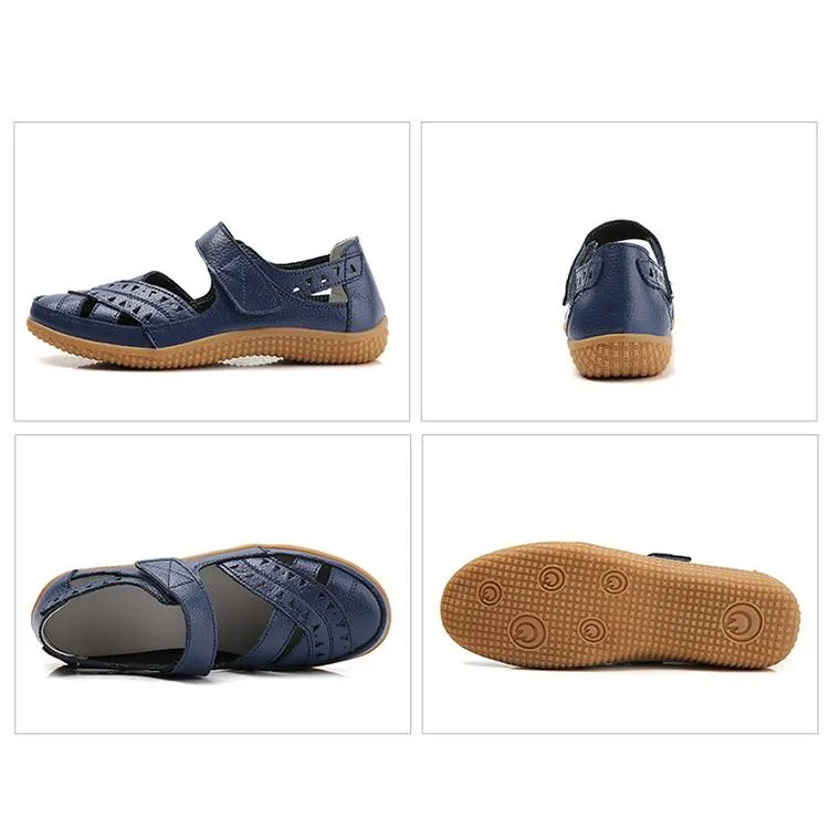 Women's closed toe hollow magic tape sandals flat comfy walking loafers shoes