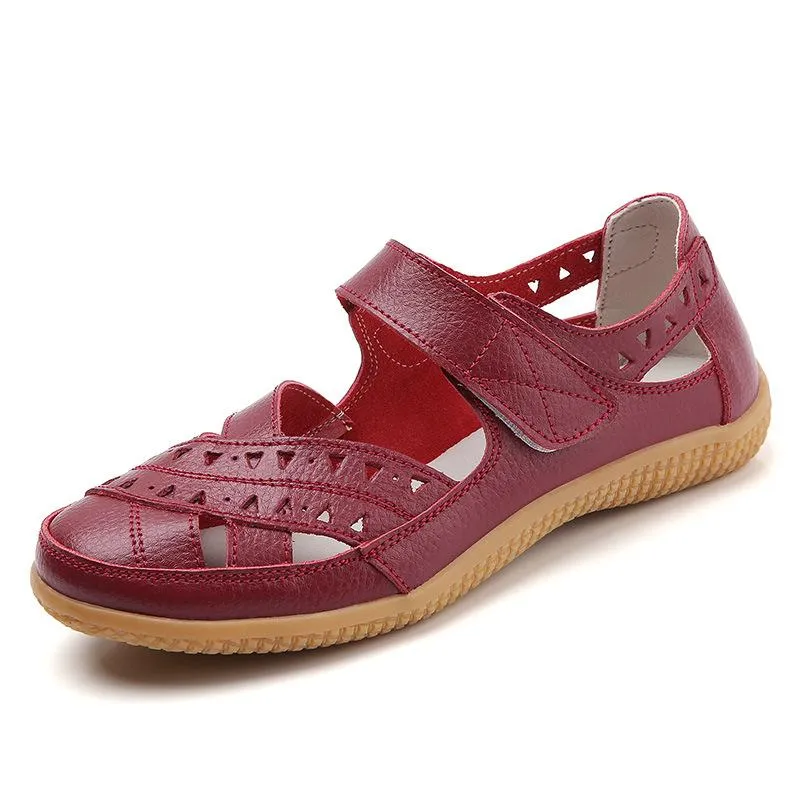 Women's closed toe hollow magic tape sandals flat comfy walking loafers shoes