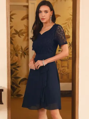 Women's Lace Chiffon Dresses Ruffle Bridesmaid Wedding Cocktail Midi Dress